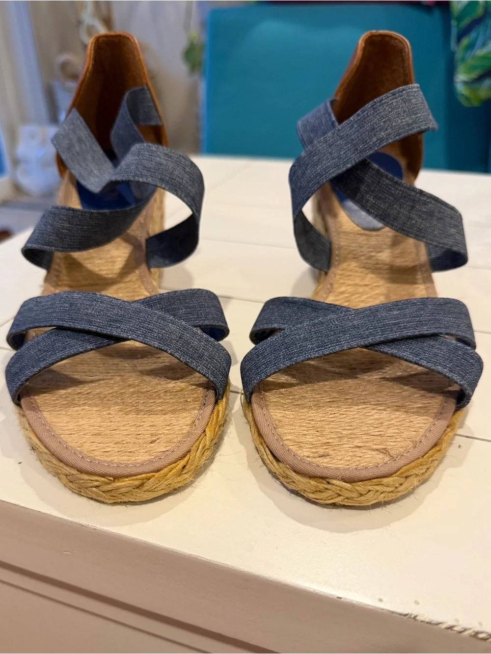 Ralph Lauren Blue Denim Espadrille Wedge Sandals with Brown Heel